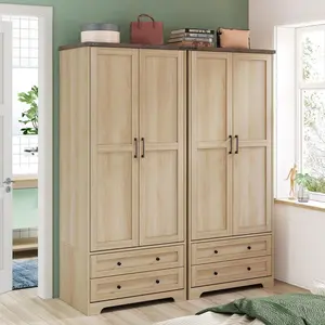 Yechen 71" Wooden Armoire Wardrobe Closet Set of 2- Modern Functional Clothes Tall Storage Cabinet with Adjustable Shelf and Hanging Rail, Sturdy Freestanding Closet with 2 Wide Drawers