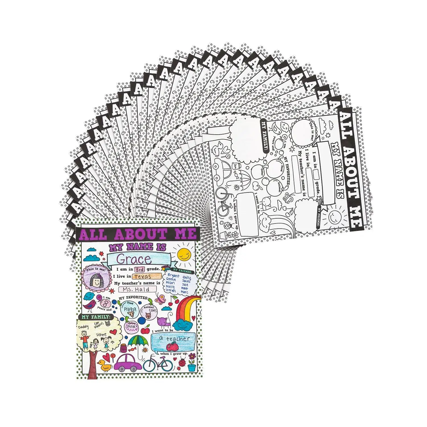 Color Your Own All About Me Paper Doodle Posters - 17" x 22", 30 Pcs