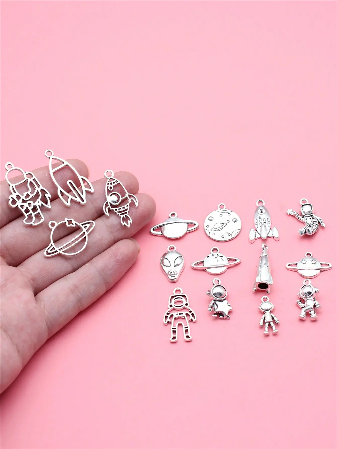16pcs Antique Silver Color Astronaut Spaceman Rocket Alien Cosmic Planet Charms Collection For Diy Jewelry Making, 16 Styles, 1 Of Each