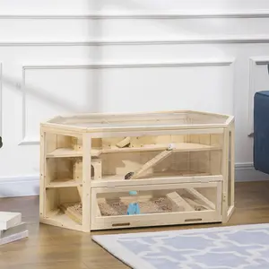 Natural Wooden Three Tier Large Hamster Cage With Tray Water Bottle Activity Center For Bedroom Rat Small Animal Indoor Exercise Habitat