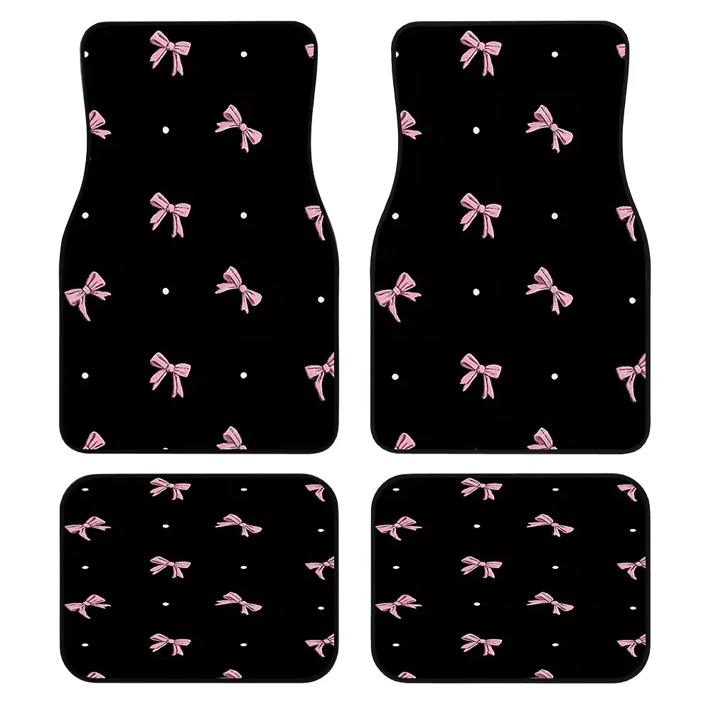 4pcs Vehicle Floor Mats adorned with Pink Bow Polka Motif, compatible with Sedans or Crossovers, presenting Easy Maintenance benefits and Gift Idea possibilities, while also accommodating Off-Road Vehicles and  Style.