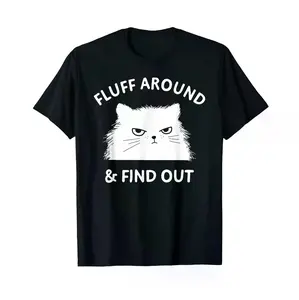 Black Short Sleeve T Shirt Featuring White Fluff Around and Find Out Print with Cat Design