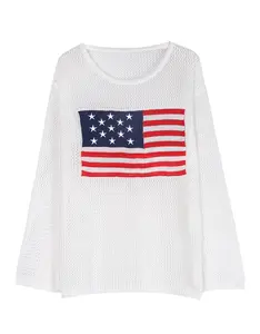 Women's Long Sleeve Beach Cover Up, Hollow Flag Style Knit Pullover, Casual Loose Fit for Sun Protection