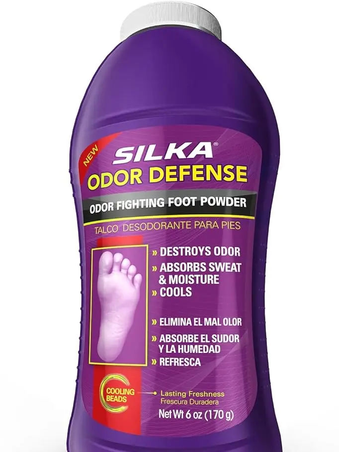 SILKA Odor-Fighting Foot Powder & Shoe Deodorizer with Cornstarch, Talc & Cooling Beads for Lasting Freshness, Absorbs Sweat & Excess Moisture, 6 oz Foot Care Product & Foot Odor Eliminator