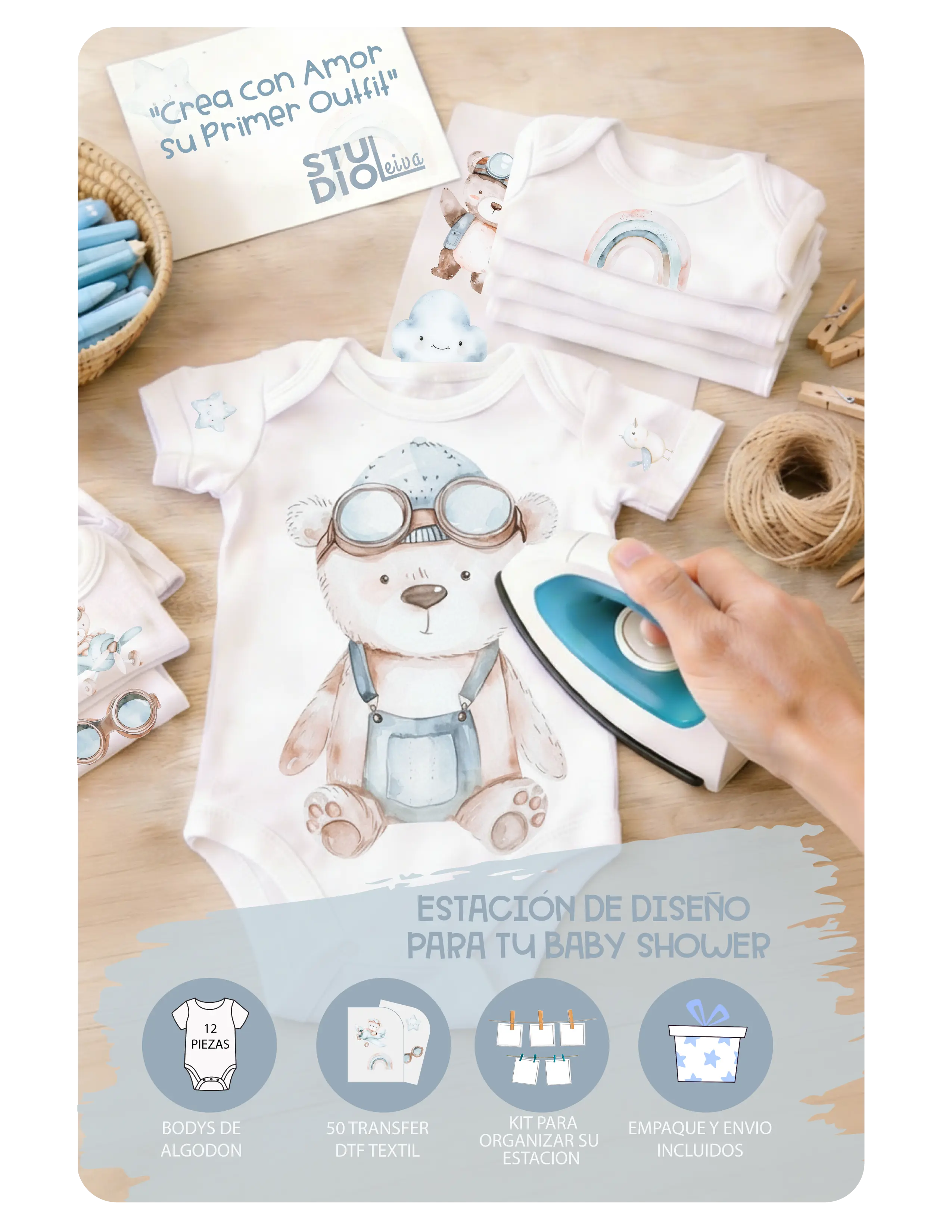 Leiva Studio DIY Baby Shower Activity Kit - 12 Piece Guest Design Station with 50 Exclusive Transfers DTF & Personalized Welcome Sign for Custom Baby Clothes