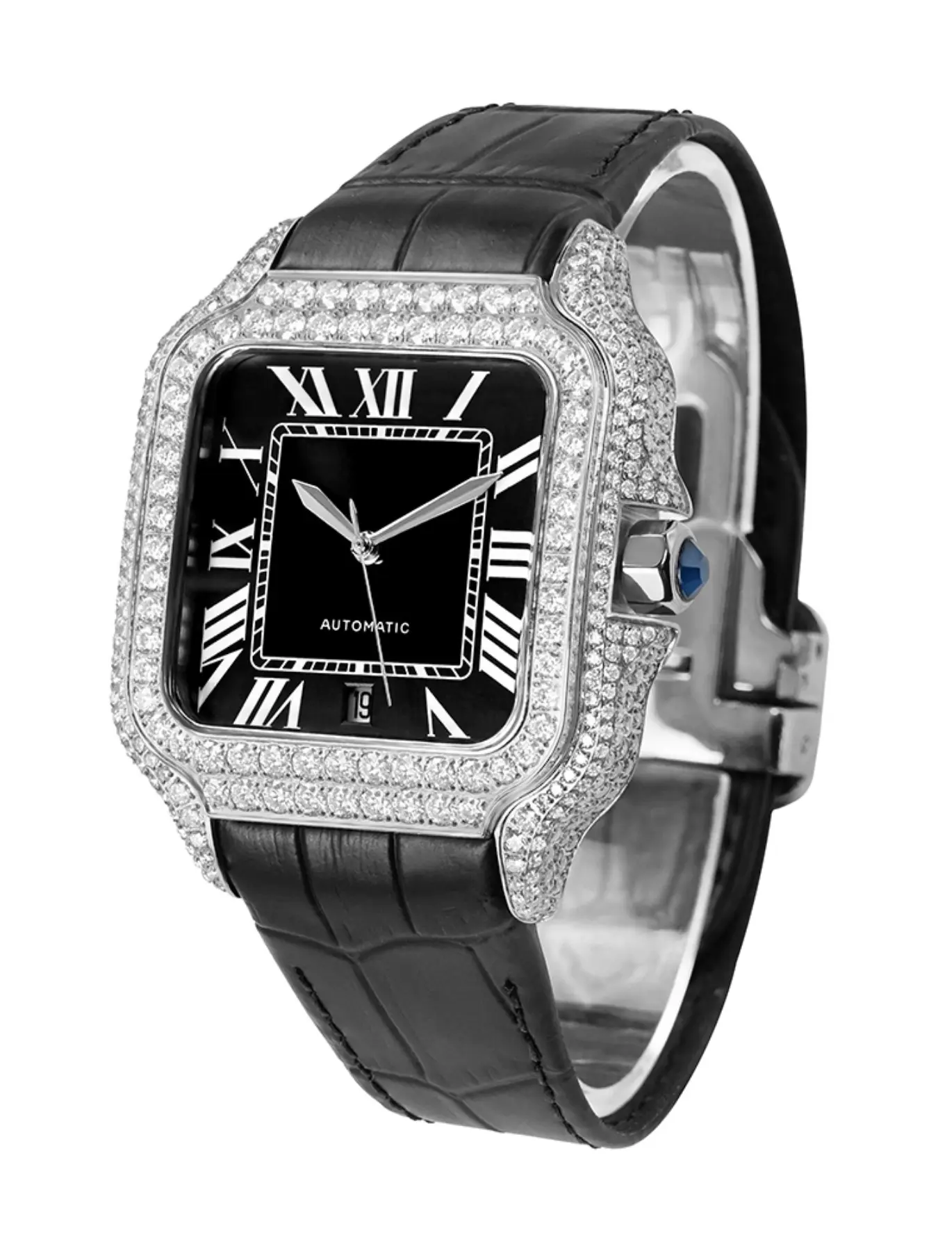 Luxury Fashion Stainless Steel Watch with Moissanite Automatic Mechanical Movement, Leather Strap Face, Analog Display, All Seasons Wear, Fashionable Watches, Mechanical Wristwatches