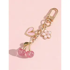 Women's Elegant Cherry Design Heart Keychain, Cute Shiny Cherry Keychain, Keyring, Fashionable Pendant Bag Charm, Casual Style, No Choking Hazard