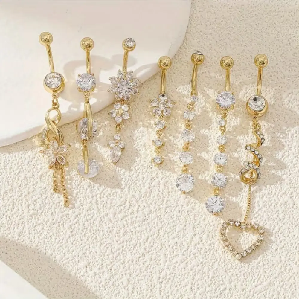 7pcs Exquisite Women Stainless Steel Belly Button Rings Set Sparkling Butterfly Synthetic Cubic Zirconia Inlay Flowers Pendant Navel Pins Bohemian Navel Rings Fashion Accessory
