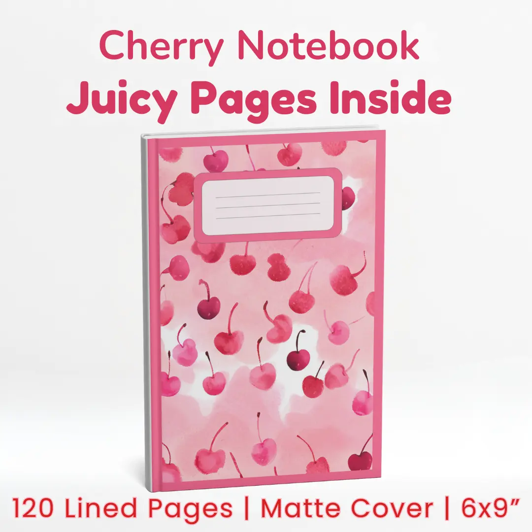 Cherry Themed Notebook, Cute Pink Journal for Girls, Lined Pages, Matte Cover, Watercolor Design