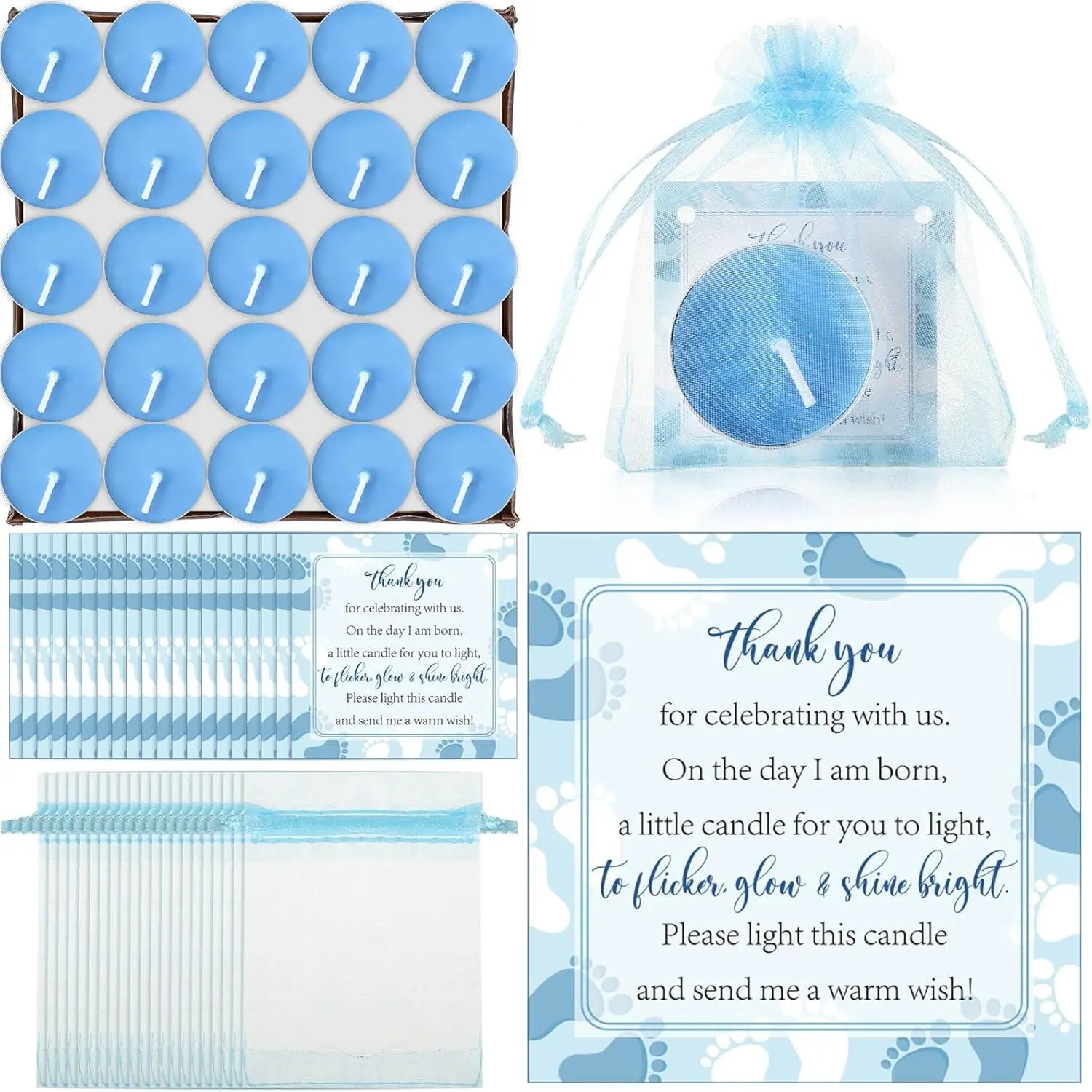 50 Sets Baby Shower Party Favors Including 50 Pcs Unscented Tealight Baby Shower Candles 50 Pcs Gift Bags 50 Pcs Cards for Gender Reveal Party Supplies(Blue), Newborn, Tea Light Set