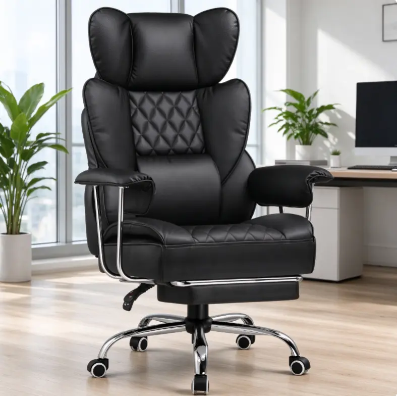 High Back Executive Office Chair with Footrest, PU Leather Ergonomic Big and Tall Boss Chair, Adjustable Swivel Reclining Computer Desk Chair with Lumbar Support for Home Office