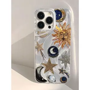 Shockproof Star-Patterned Fashion Smartphone Case - 1pc Silver Transparent Thick Protective Cover for iPhone 11-17 Pro Max, Retro Universe Theme, Cellphone/Handheld Devices Accessories, Spring Birthday Gift (International Version)