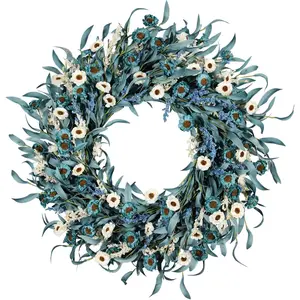 24 Inch Blue Daisy Flower Wreaths for Front Door - Spring Summer Wreath with White Floral, Blue Eucalyptus Leaves &Lavender Farmhouse Indoor Outdoor Decor for Porch, Patio & Entryway