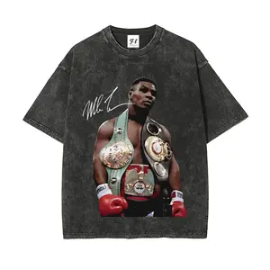90s Vintage Mike Tyson Boxing Legend Oversized Unisex Round Neck Short-Sleeve Plain Black Cotton T-Shirt, Washed Batik, Super Soft, Pre-Shrunk, Menswear Streetwear Merch