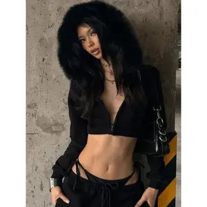Women's Faux Fur Patchwork Jacket, Spring New Zipper Hooded Street Style Coat, Long Sleeve Fitted Design, Casual Fashion Outerwear, Casual Jackets