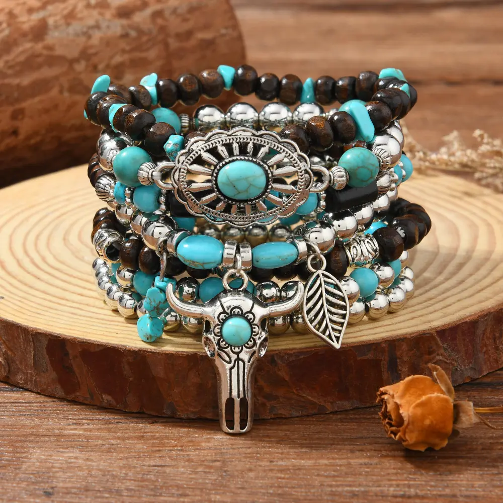 Women's 7-Piece Boho Western Bracelet Set, Multicolor Turquoise Beaded Stackable Jewelry with Vintage Cow Skull Charm, Bohemian, Fashion, Strand, Wood, Daily, Ethnic, Unisex, Boho Braided Bracelets & Bangles, Vintage Charm Bracelets & Bangles