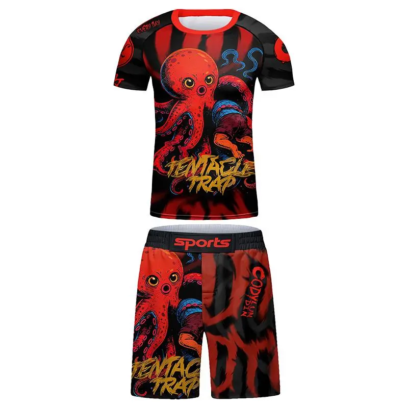 Kids' 4-Piece Graphic Rashguard Set, Polyester Compression Training Suit for Martial Arts, Jiu Jitsu & MMA