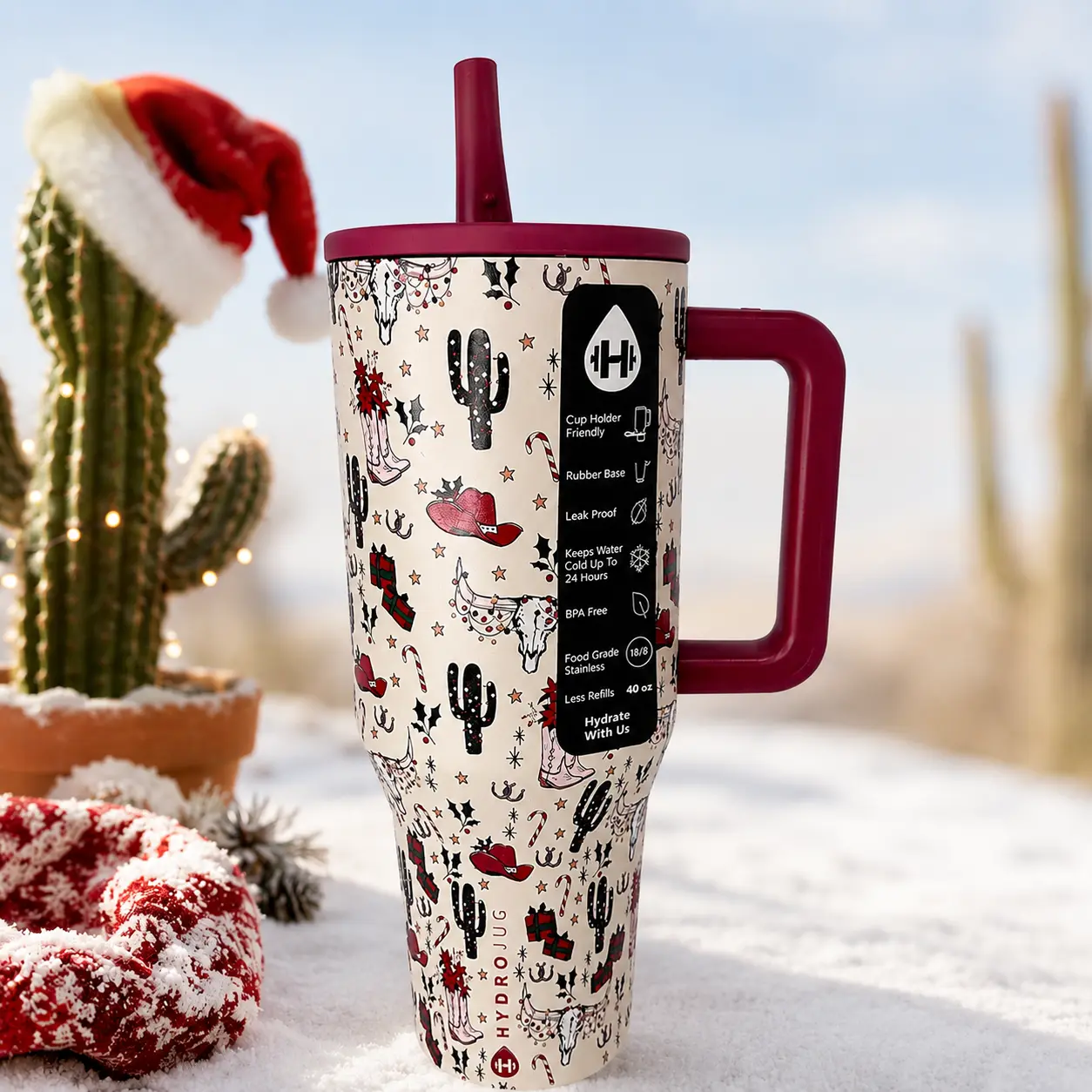 HydroJug Traveler 40oz Tumbler with Handle and Straw, Leak Proof Triple Wall Insulated Steel Bottle, Western Christmas Cowboy Holiday Mug for Gym
