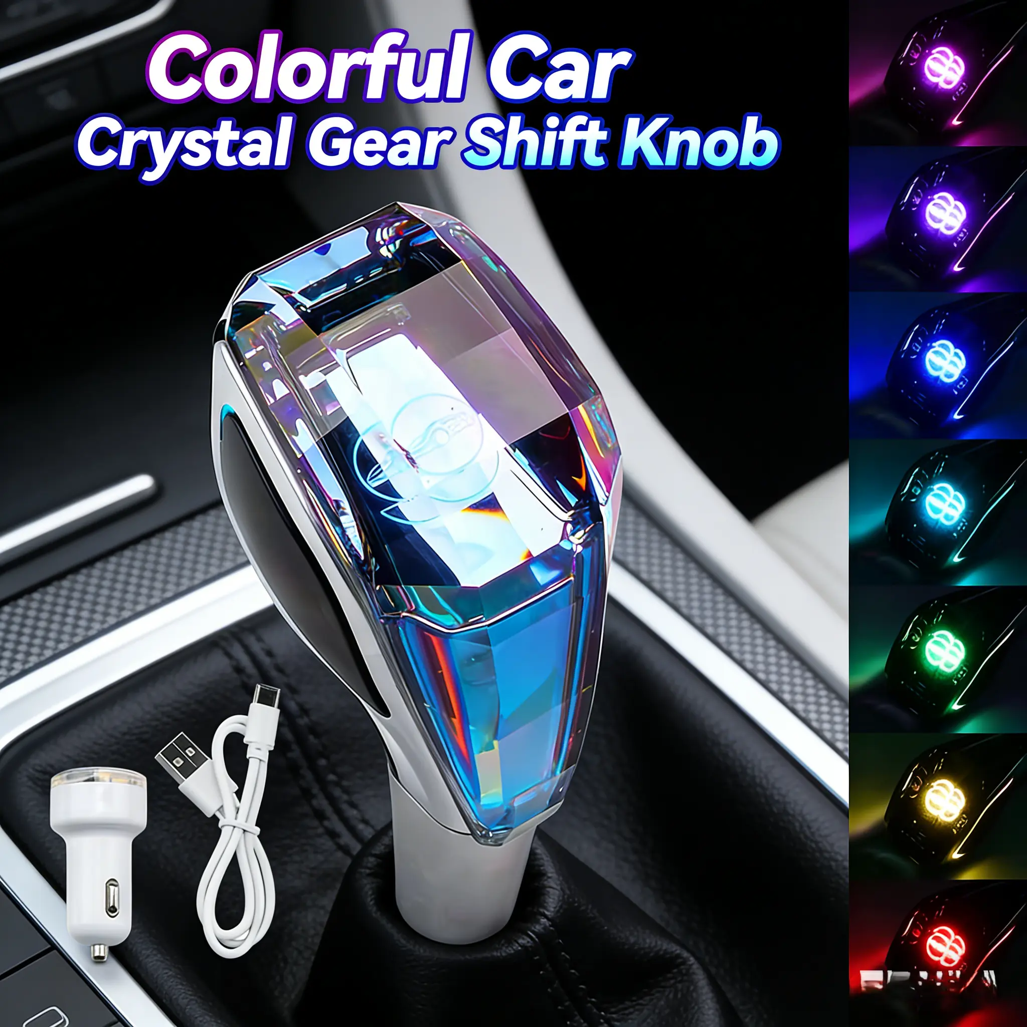 RGB LED Crystal Gear Shift Knob, Rechargeable Color Changing Transparent Crystal Shift Knob, Universal Automatic Car Gear Shifter Handle Mod Fit 8/10/12mm Thread Car Interior Accessories