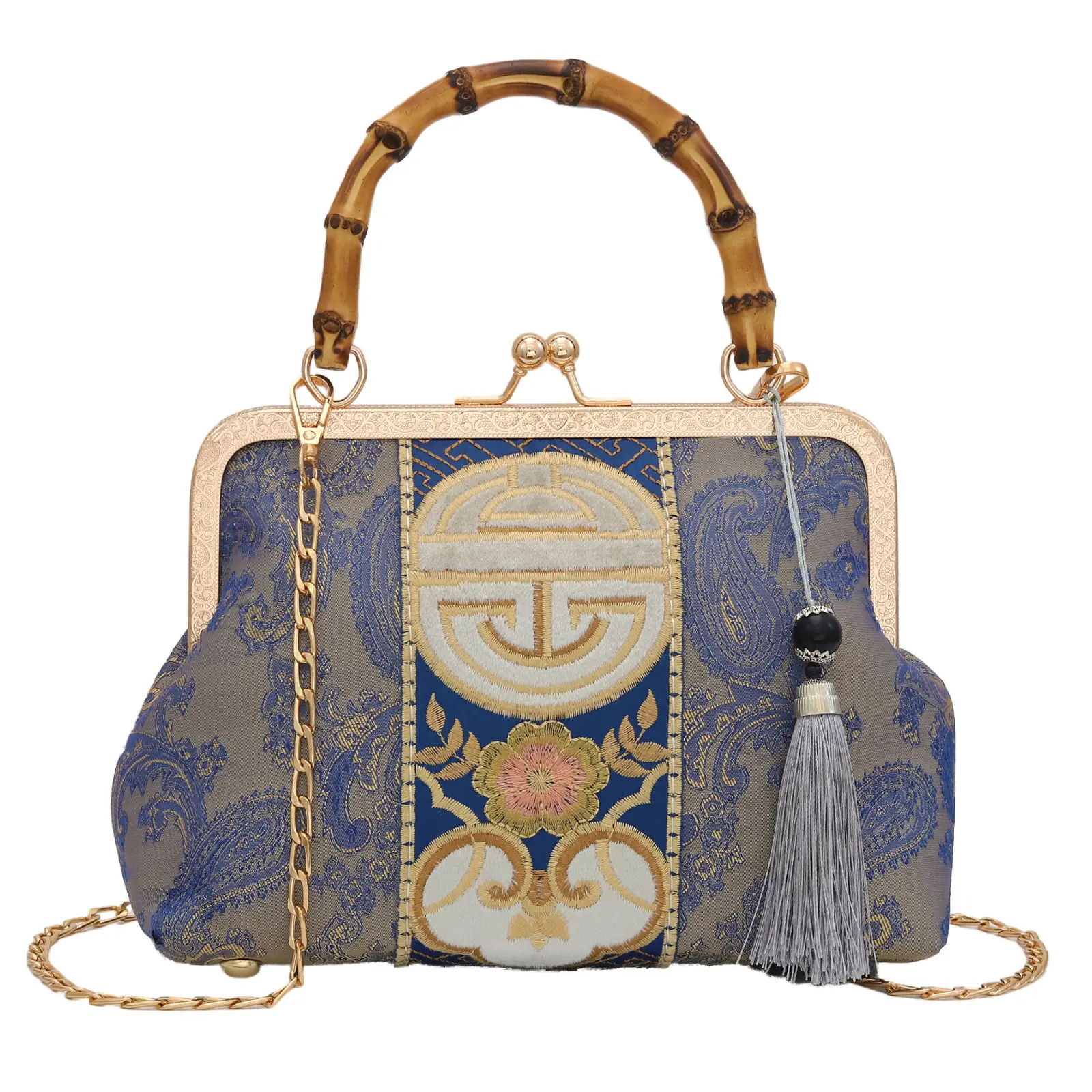 BWINKA Vintage Silk Fabric Clutch with Embroidered Longevity Design Adjustable Bamboo Handle Spacious Compartments Perfect Gift for Her Wedding