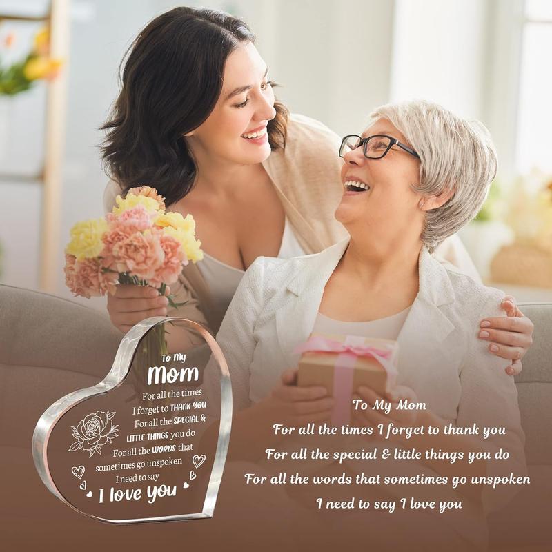 Heart Shaped Love Mom Acrylic Block keepsake Flower & Letter Pattern Decorative Ornament, Inspirational Creative Ornament, Christmas Gifts for Mom