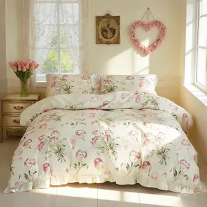 Tulip Floral Print Ruffled Bedding Set 3 Piece, Includes 1 Duvet Cover + 2 Pillowcases, No Insert Soft Comfortable Bedding, Perfect Gift, Soft Bedding Sets