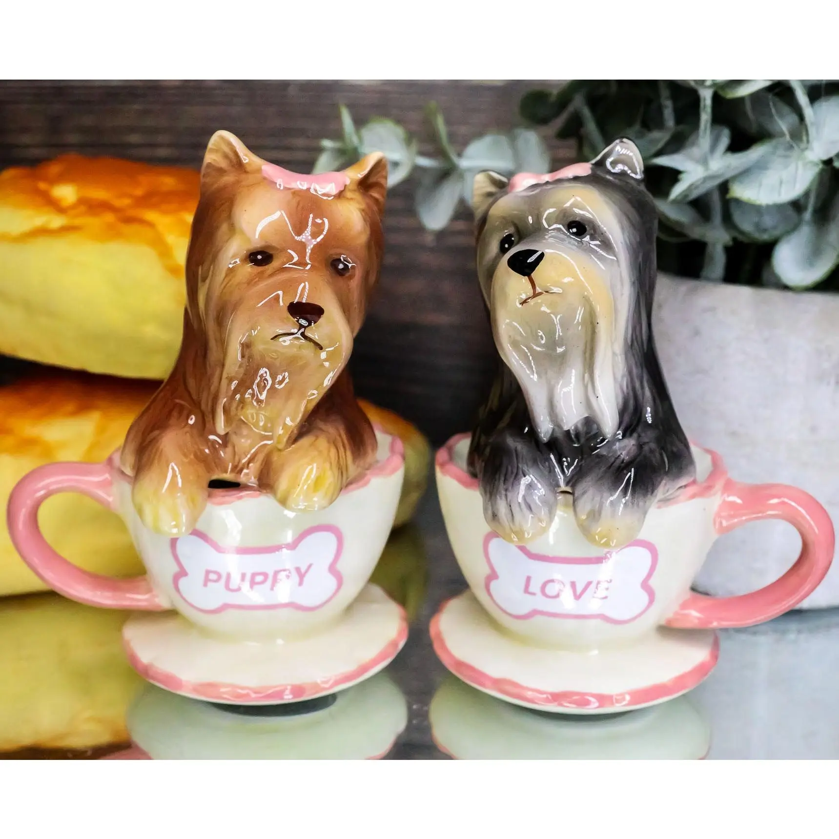 Ebros Gift Exclusive Glossy Ceramic Black-and-Tan Yorkshire Terrier Yorkie Puppy Teacup Salt and Pepper Shakers Set for Dining, Collecting, Hand Painted, Kitchen And Dining Setup