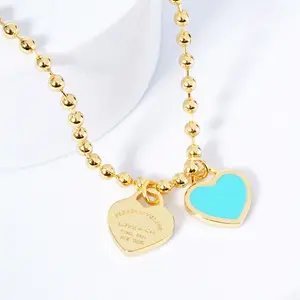 Blue Double Heart Necklace with Gold Dipped Pendant & Bubble Chain 16" + 2" L Lead Nickel Compliant Made in Korea