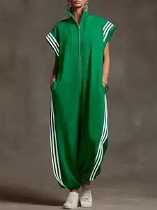Women's 2026 New Summer Loose Sleeveless Contrast Color Split-Joint Striped Zipper Stand Collar Jumpsuits Ninth Pants