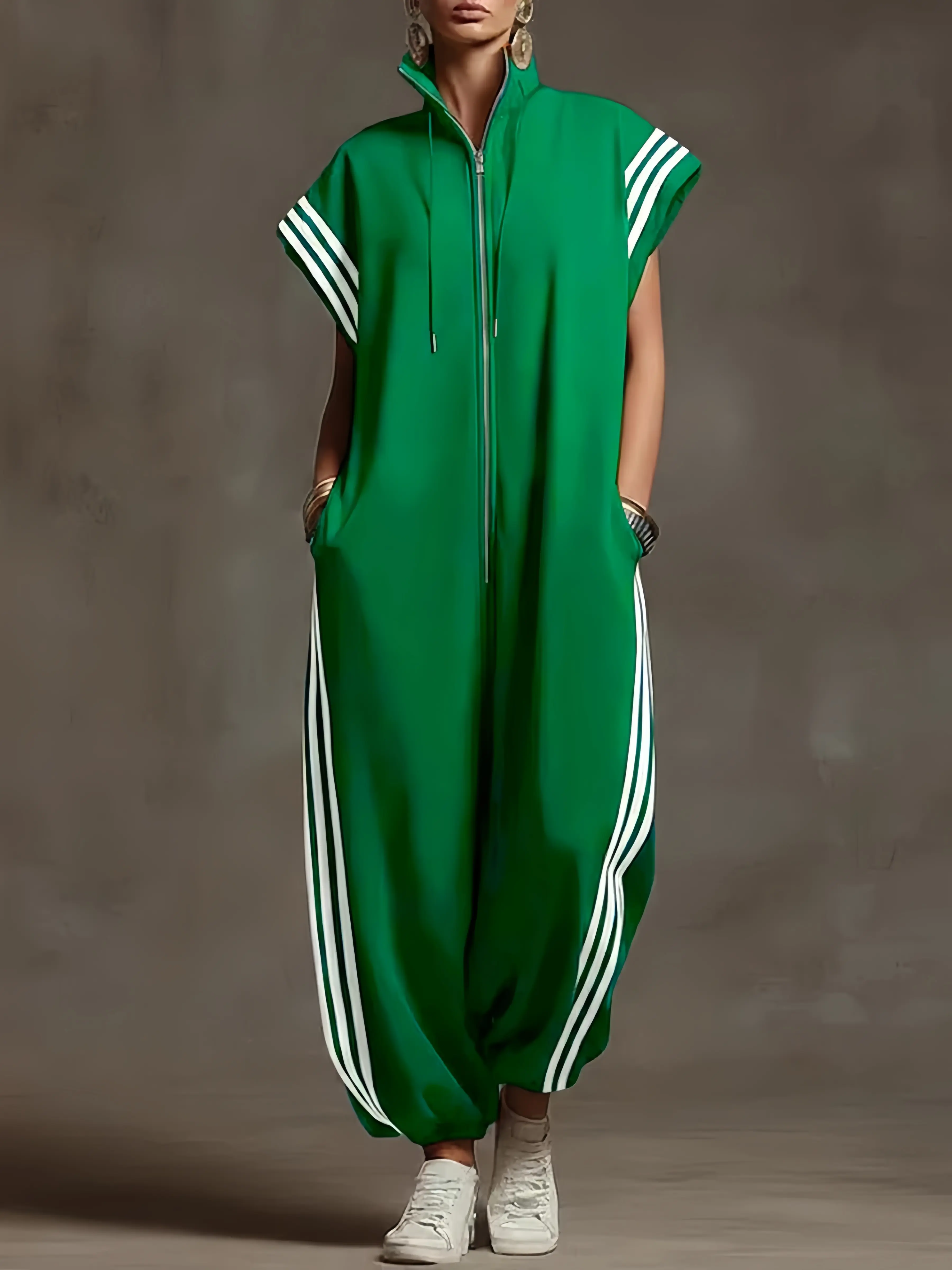 Women's 2026 New Summer Loose Sleeveless Contrast Color Split-Joint Striped Zipper Stand Collar Jumpsuits Ninth Pants
