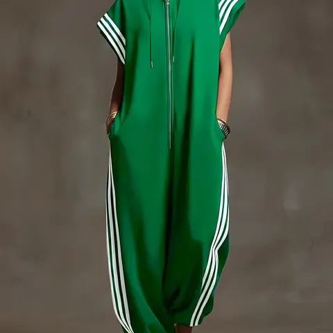 Women's 2026 New Summer Loose Sleeveless Contrast Color Split-Joint Striped Zipper Stand Collar Jumpsuits Ninth Pants