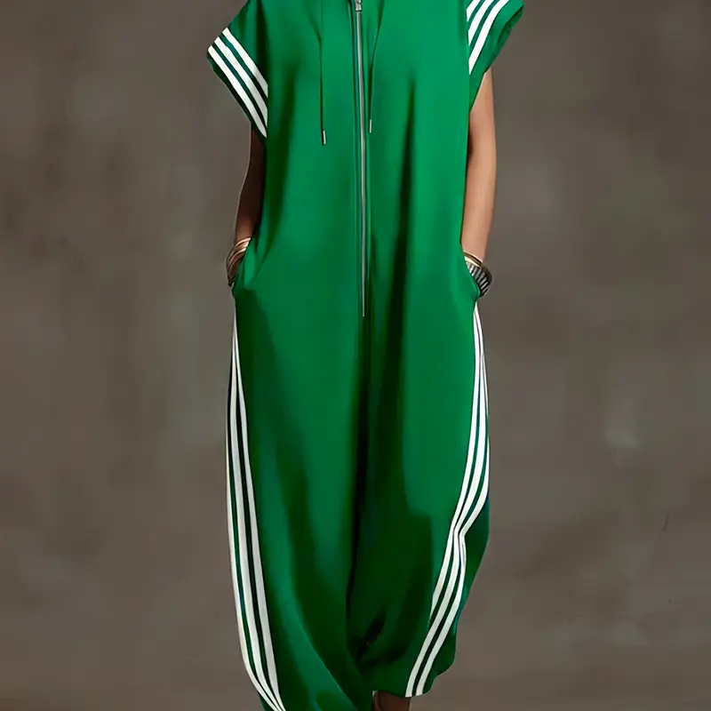 Women's 2026 New Summer Loose Sleeveless Contrast Color Split-Joint Striped Zipper Stand Collar Jumpsuits Ninth Pants