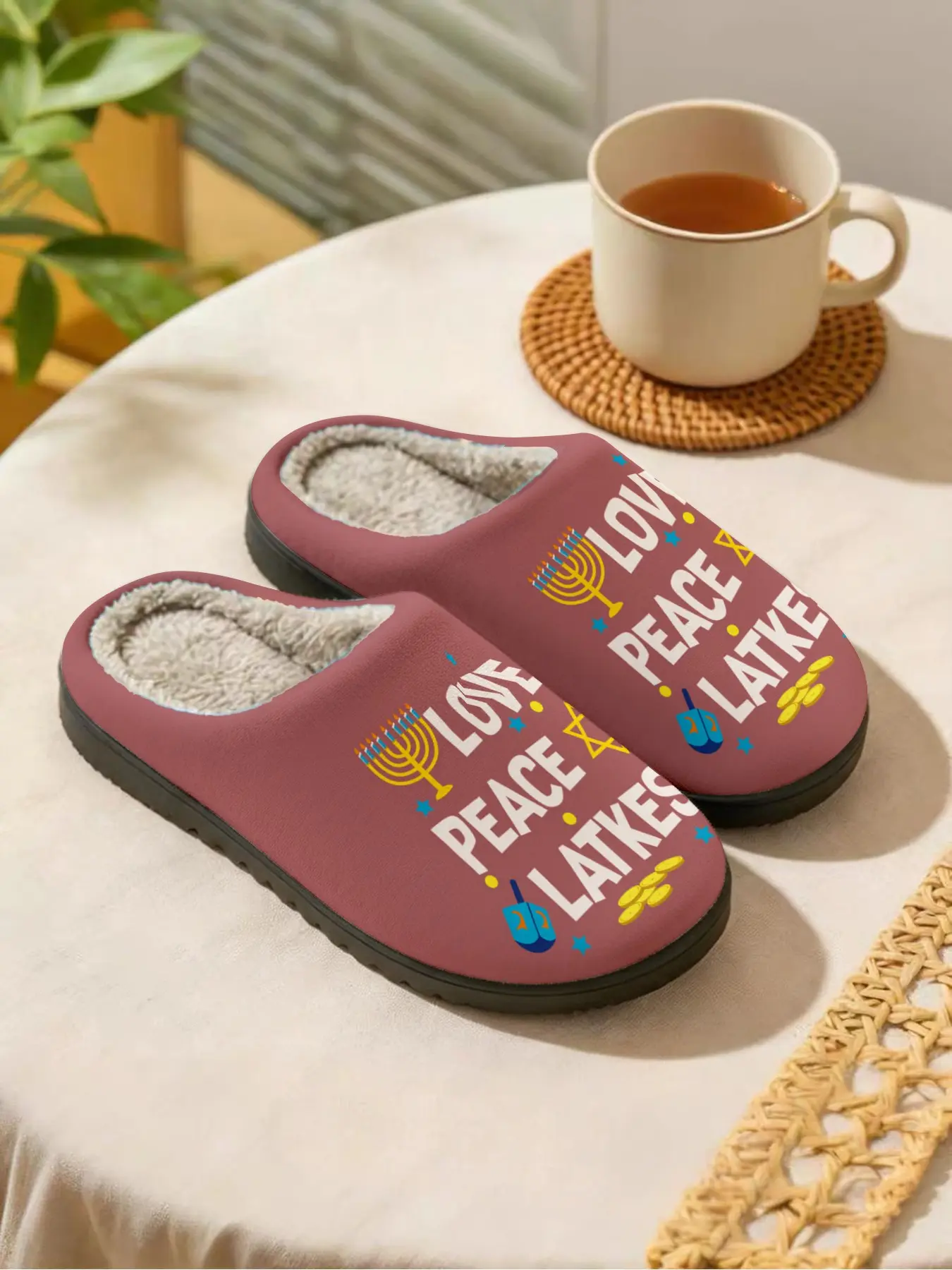 Hanukkah Slogan | Warm Holiday Vibe 1 Pair Faux Fur Lined Non-Slip Cozy Warm Home Plush Slippers For Men & Women (Lounging/Holiday Gatherings/Bedroom/Living Room) Autumn Winter