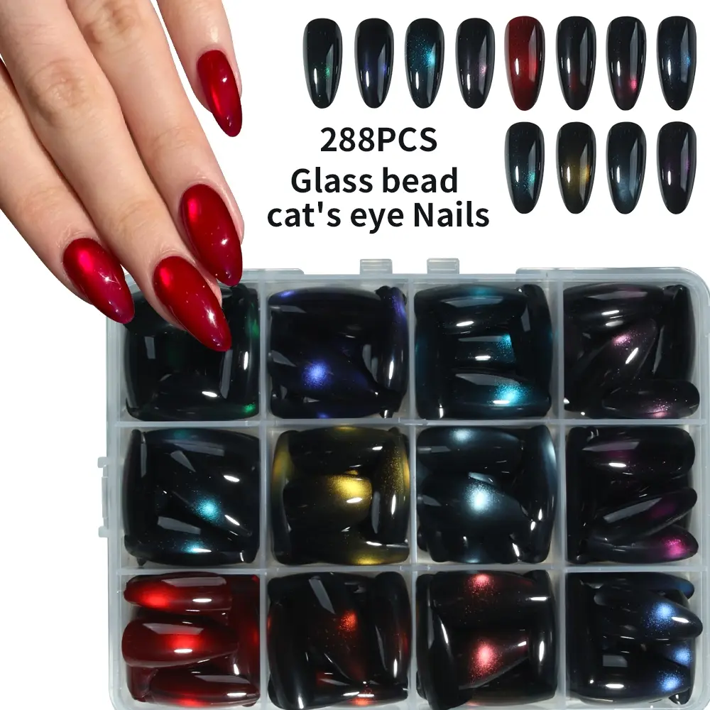 288pcs Y2K Long Almond Glossy Nail Tips Set, Mixed Colors, Perfect Fit, Blue Cat Eye, Ideal for Women Daily Use and Parties