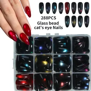 288pcs Y2K Long Almond Glossy Nail Tips Set, Mixed Colors, Perfect Fit, Blue Cat Eye, Ideal for Women Daily Use and Parties