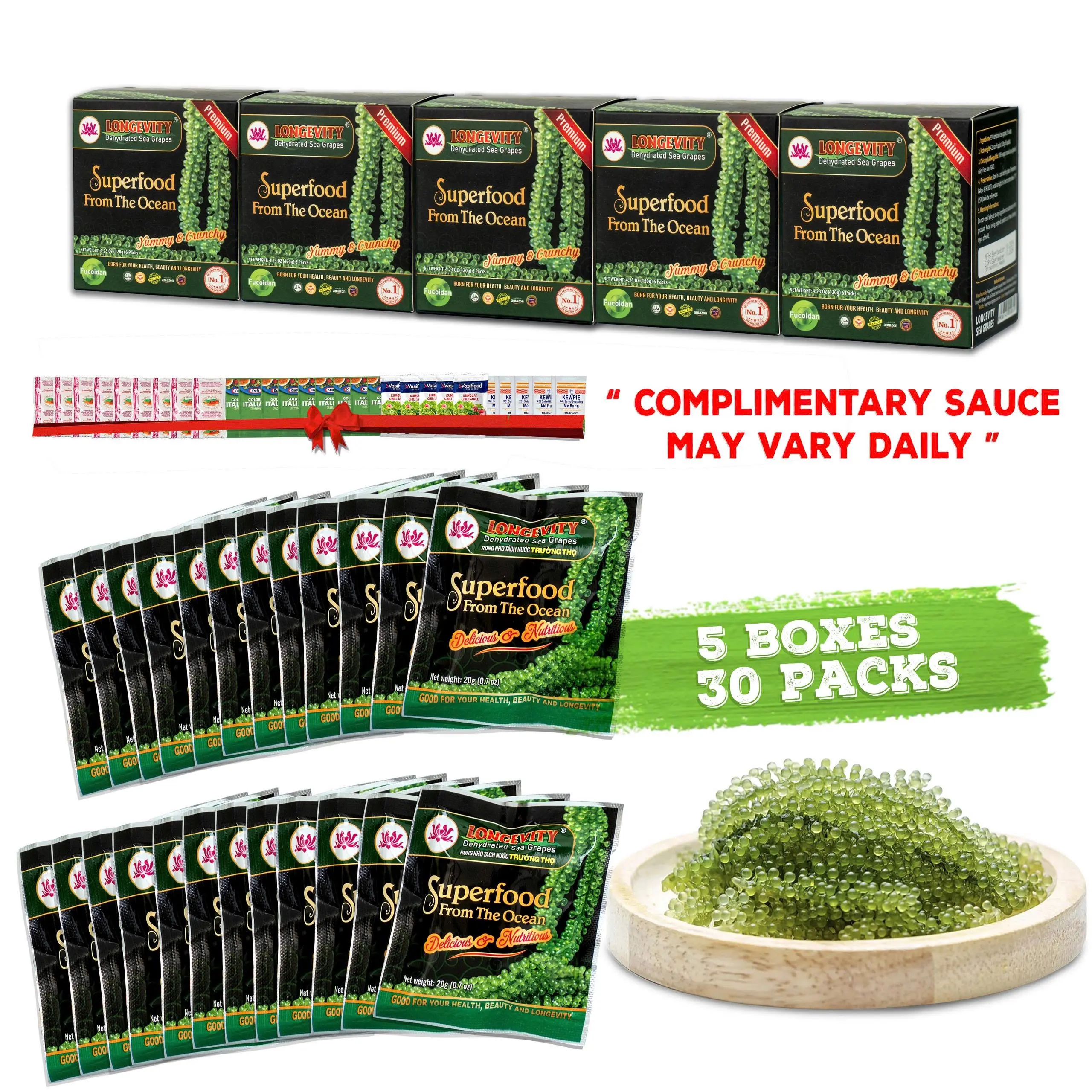 5 BOXES Longevity Dehydrated Sea Grapes - COMBO 5 BOXES 30 Packs Green Caviar Umibudo Latok Seaweed Organic Premium Quality Crunchy Flavor Superfood From The Ocean