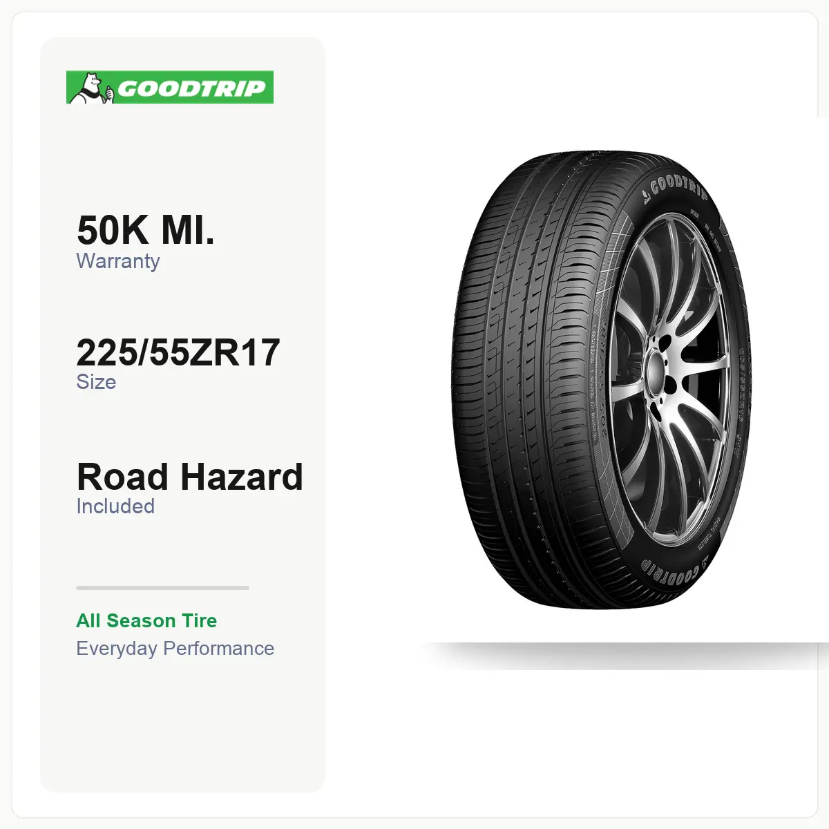 GOODTRIP GR-66 225/55ZR17 101W | All Season Tire, Everyday Performance, XL Load Range, 50K Mile Warranty, Road Hazard, Fits select Subaru Legacy, MINI Cooper Countryman & more, For Sedan/Crossover/SUV