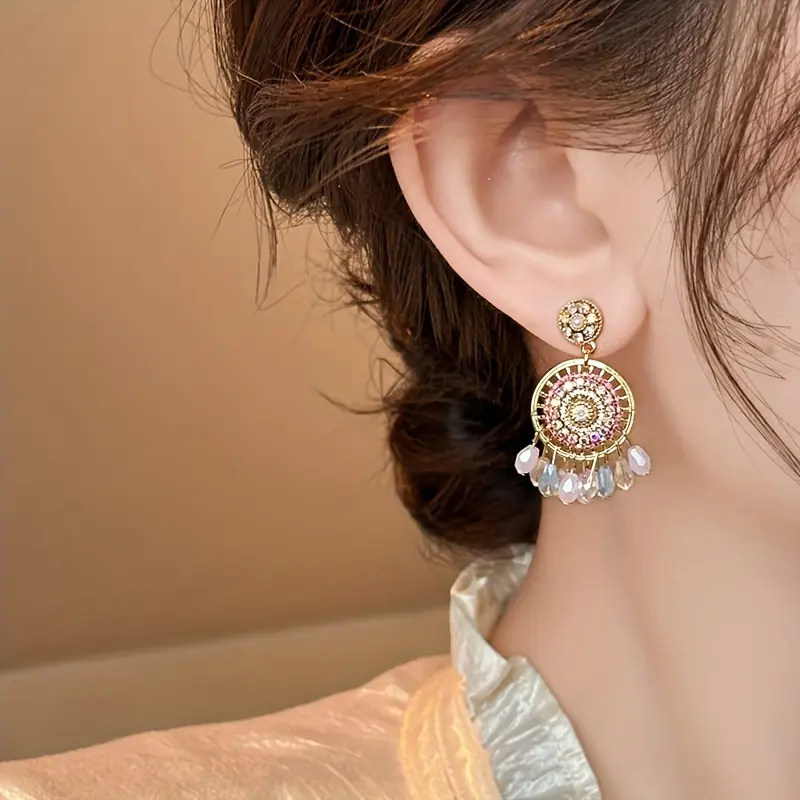 Pair of Bollywood Ethnic Style Round Rhinestone Imitation Pearl Style Rice Grain Tassel Earrings  Pair of Bollywood Ethnic Style Round Rhinestone Imitation Pearl Style Rice Grain Tassel Earrings