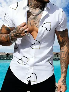 White Heart Pattern Short Sleeve Collared Shirt, Men's Casual Fashion Printed Shirt, Summer Trendy Top