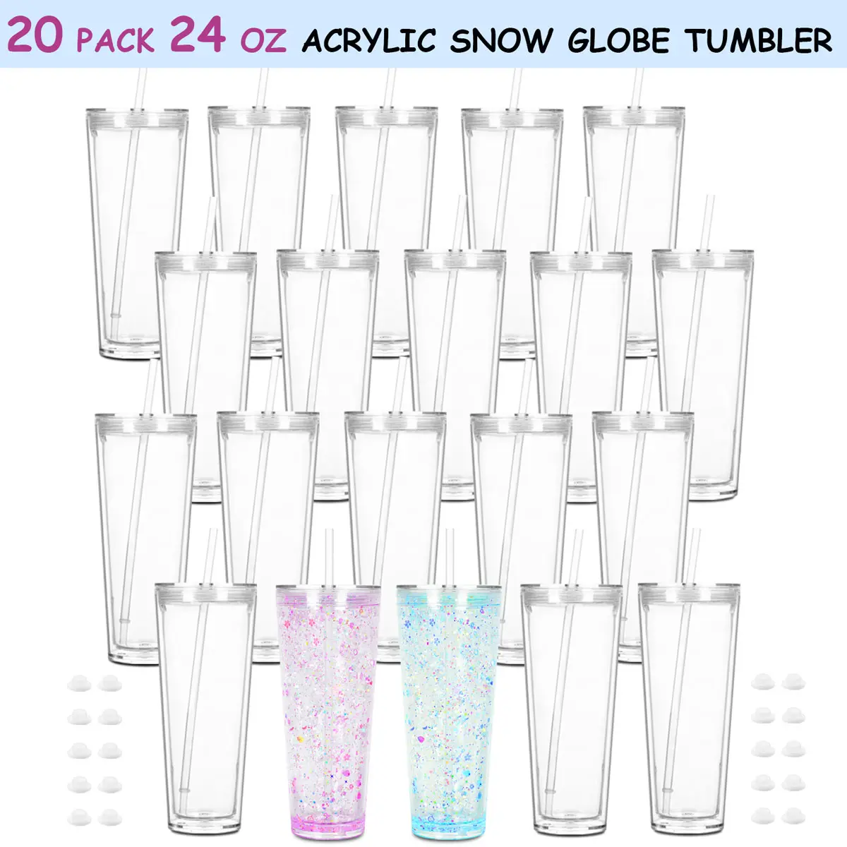 24 Oz Acrylic Snowglobe Tumbler Blank, Double Wall Clear Tumbler with Pre-drilled Hole, 20 Pack