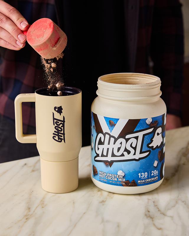 GHOST High Protein Hot Cocoa Holiday Edition 20g Protein Serving White Chocolate Peppermint Bark & Milk Chocolate Tubs Single Serve Packets