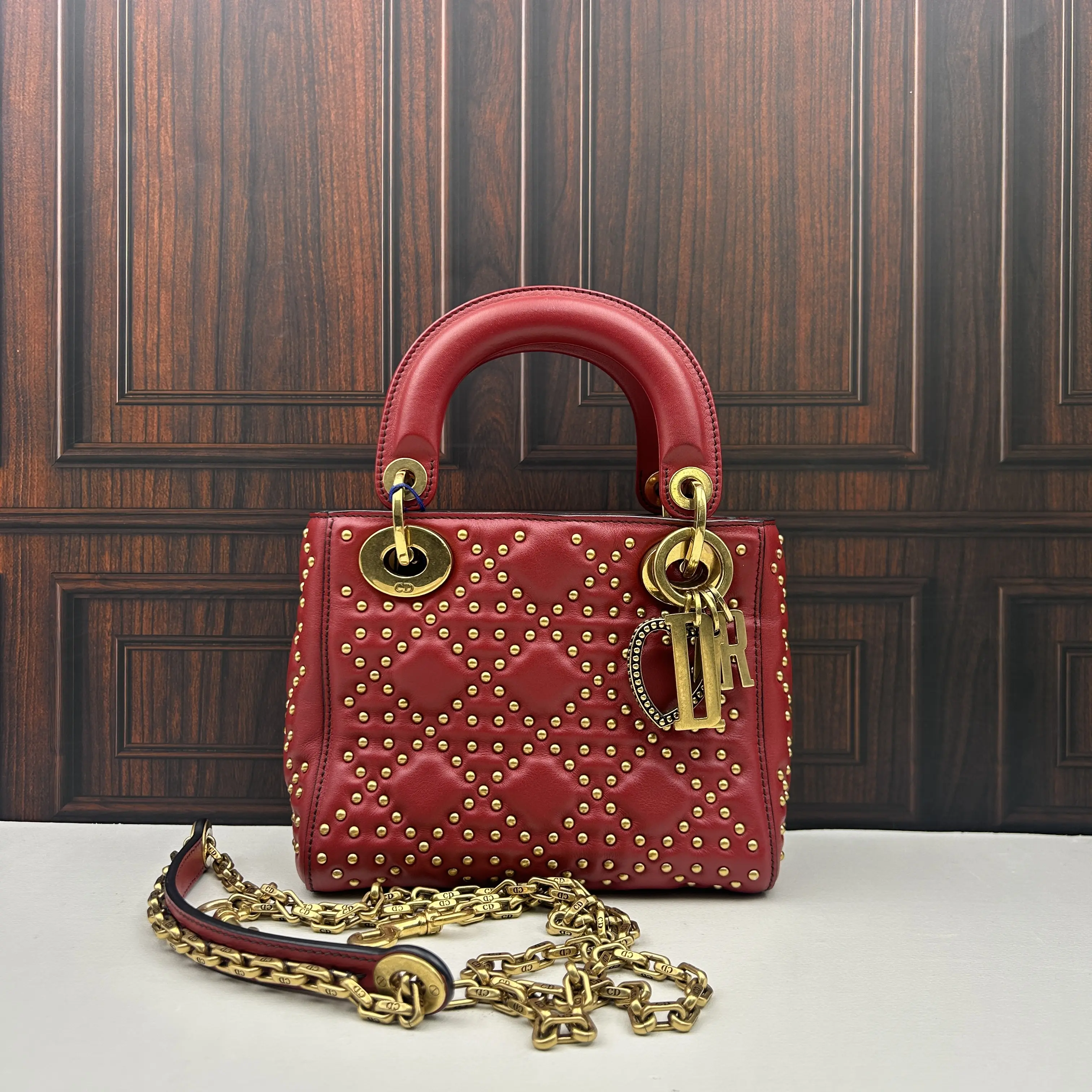 Pre-owned Dior Lady Mini Red Handbag/Crossbody Bag – Limited Edition with Heart Studs 888