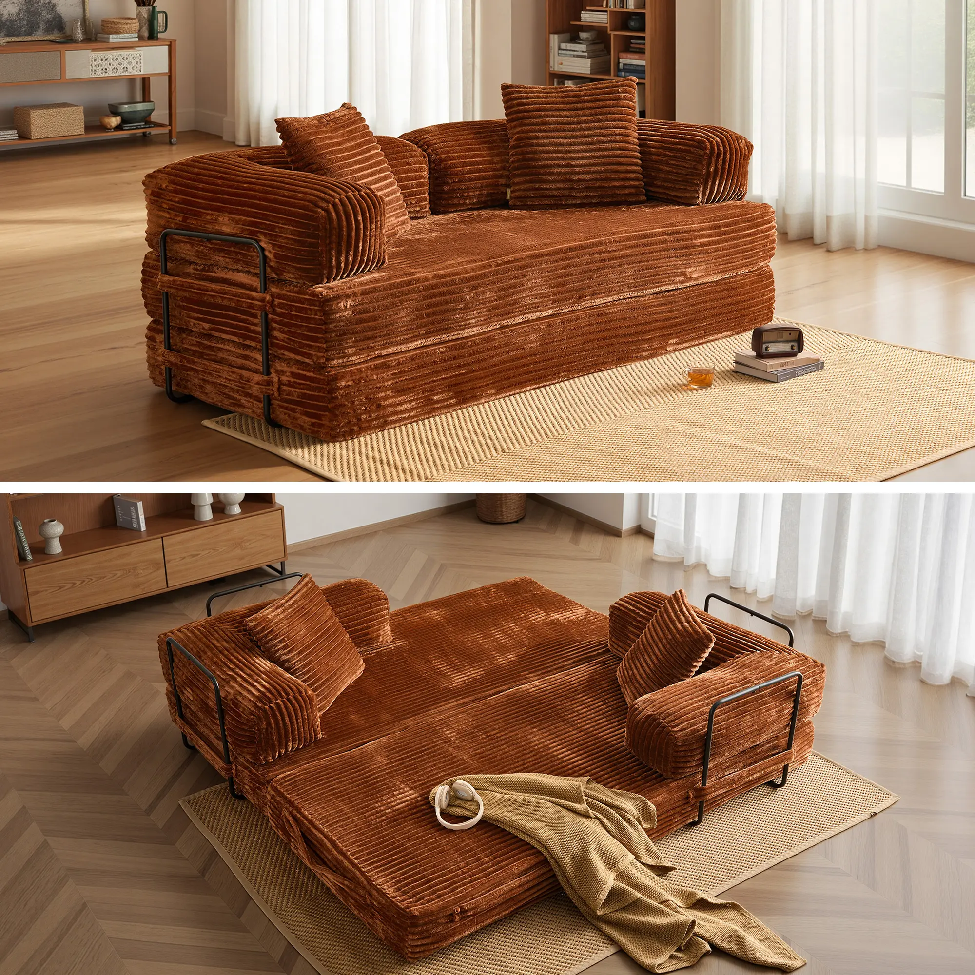 Altrigus Folding Convertible Couch Sofa Bed, 80 Inch Oversized Plush Corduroy Upholstered Boneless Couch, Loveseat Sleeper with Pull Out Bed, Floor Sofa Modular Futon Couch for Living Room Bedroom Lounge Apartment