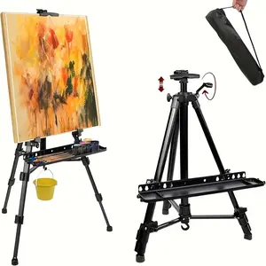 Adjustable Tripod Easel Art Painting Artist Stand Portable Aluminum Metal Display Easel with Bag Height 17-66 inch for Table Top Floor Drawing Black Finish