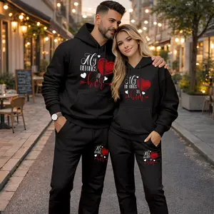 Couple's Heart Print Hoodie and Sweatpants Set, Casual Sportswear, Long-Sleeve Hooded Jacket and Pants, Suitable for Autumn, Winter, and Spring, Everyday Wear, Tracksuit