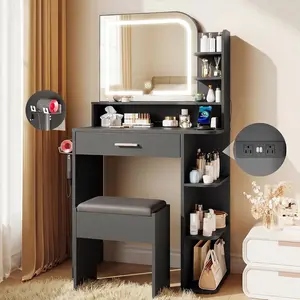 wanan Makeup Vanity Desk with Mirror and Lights, Girls Vanity Set with Storage Shelves, Big Drawer and 3 Lighting Colors, Women’s Vanity for Bedroom, Black
