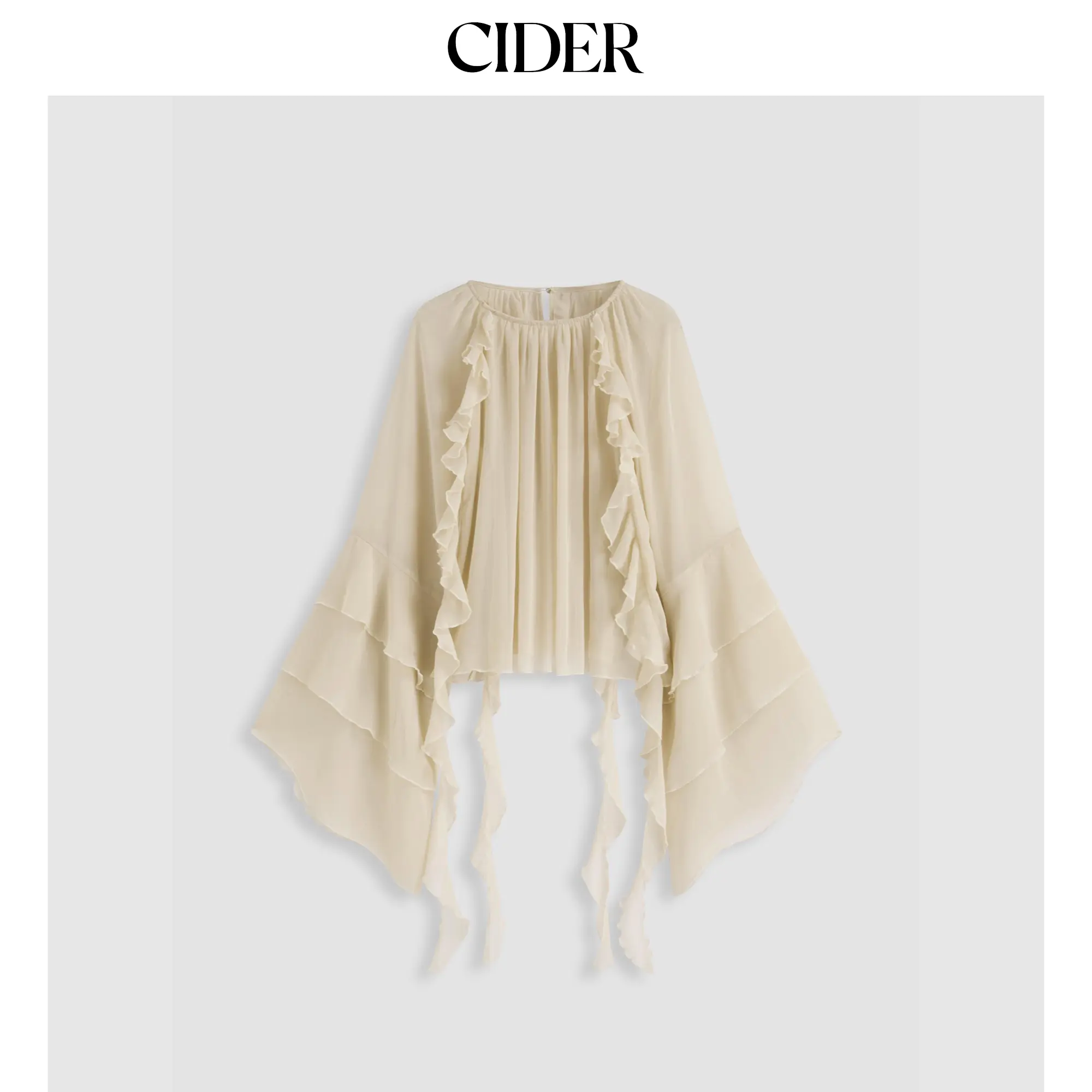Cider Women's Elegant Oversize Chiffon Blouse, Round-Crew Neck, Ruffle Hem, See-Through Bell Sleeves, Shirts, Straight Shoulder, Long