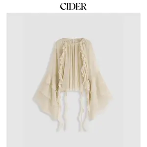 Cider Chiffon Ruffle Hem See-through Bell Sleeve Blouse