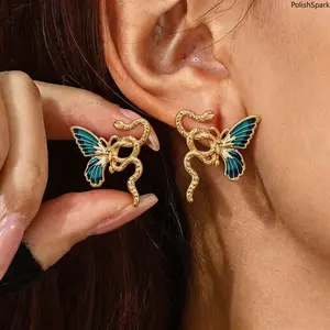 Gothic Snake Butterfly Stud Earrings, Vintage Enamel Gold Statement Mystical Earrings summervibes,summerwins
