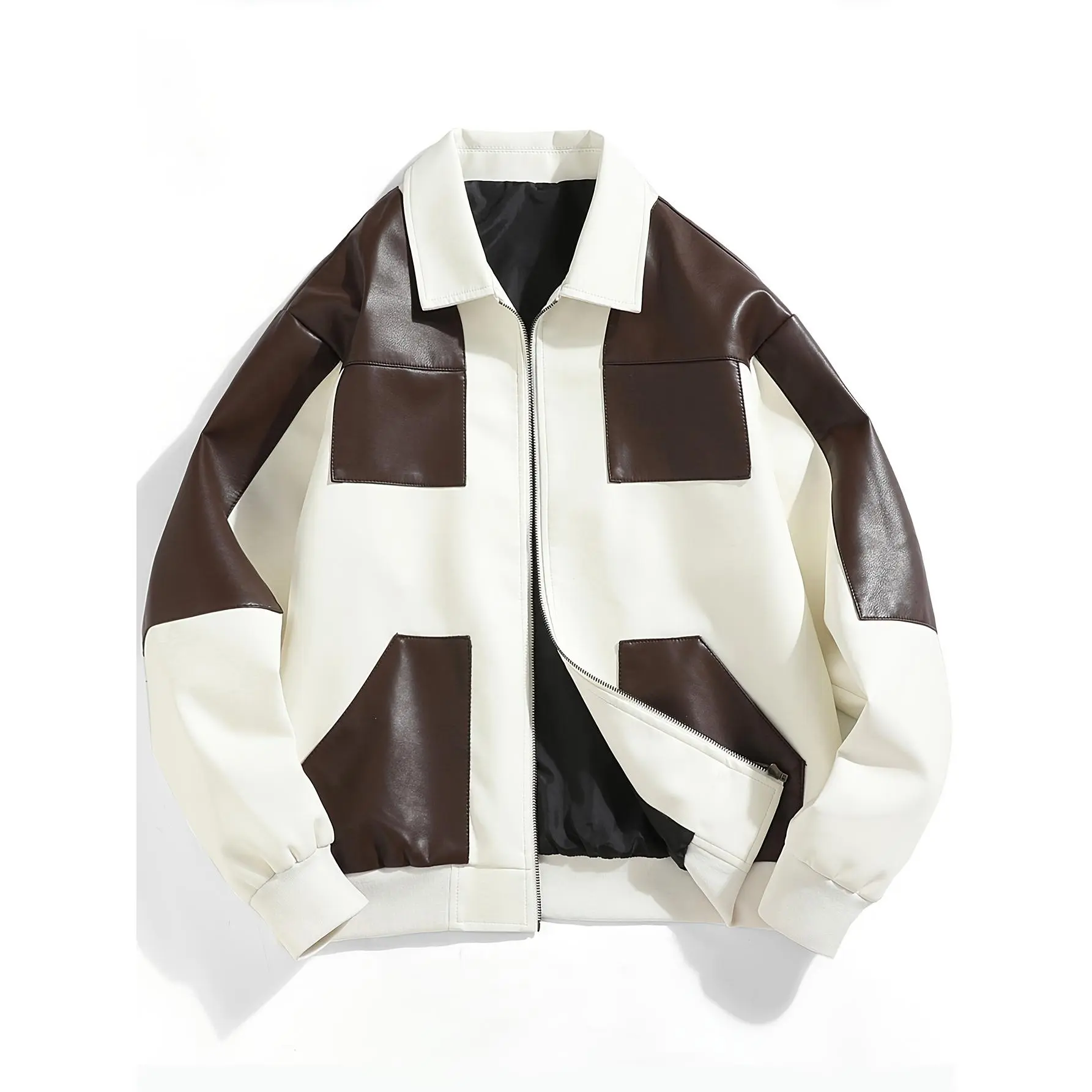 Men's Casual Color Block Turn-Down Collar Polyester Leather Jacket - Menswear Tops, Windproof Autumn Winter Everyday Versatile Coat, Pu Leather